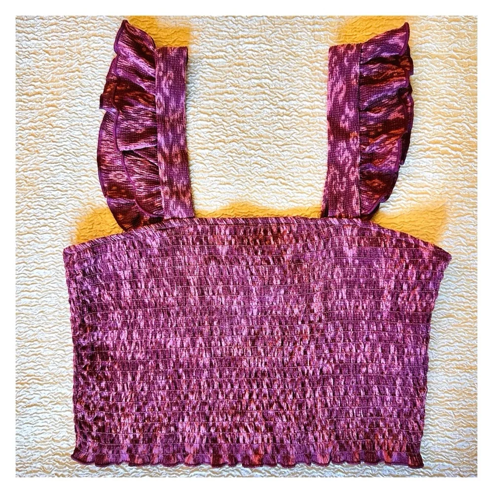 H&M Ruffle Smocked Crop Top Small Pink Pattern NWT - Picture 4 of 8